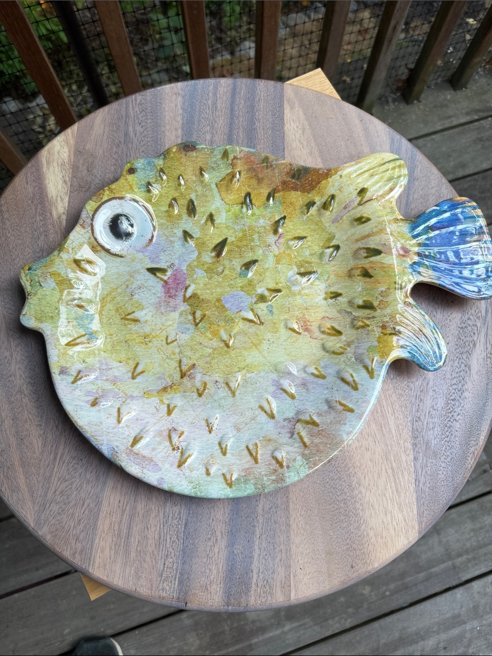 Pier 1 Melamine "Fluffy the Puffer Fish" Platter in Yellow and Blue Accents